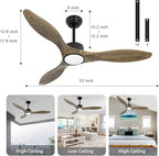 revoici Ceiling Fans with Lights Remote, 52inch Solid Amber Wood Ceiling Fan, 3 Blades Reversible DC Motor 3CCT Dimmable Lighting 3-Timer for Living Room Bedroom Farmhouse Patio