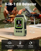 3-in-1 Portable Carbon Monoxide Detector.Visual Alarm for Camping,Travel,RV.More Than 300H Standby . Equipped With a Flashlight, Magnetic Back and Hook.Featuring CO, Temperature and Humidity Sensors