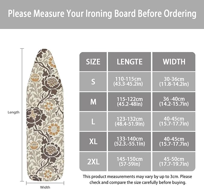 ZCFYGDX Elastic Ironing Board Covers Standard Size, William Morris Prints Ironing Board Straps/Cover and Fastener 14x45 Inch, Strongly Breathable and Doesn't Retain Moisture, Easy Installation