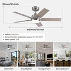 SODSEA Ceiling Fans with Lights, 42 Inch Nickel Ceiling Fan with Light and Remote Control, Reversible, 3CCT, Dimmable, Noiseless, Small Ceiling Fan for Bedroom, Indoor/Outdoor Use