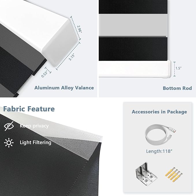 COOLWINDS Motorized Zebra Blinds for Windows Cordless Electric Curtains with Remote Control Blackout Shades Custom Smart Blinds Compatible with Alexa Google Home(Light Filtering Black,W29 X 72in)