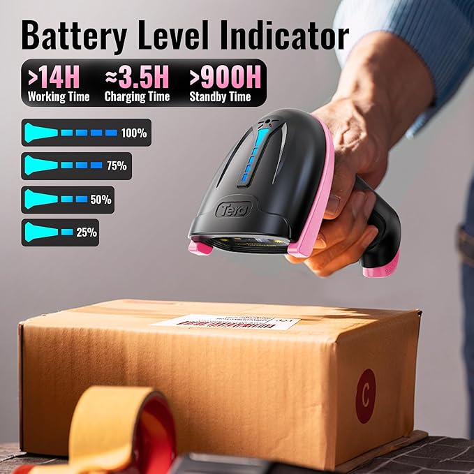 Tera Barcode Scanner Wireless Versatile 2-in-1 (2.4Ghz Wireless+USB 2.0 Wired) with Battery Level Indicator, 328 Feet Transmission Distance Rechargeable 1D Laser Bar Code Reader Handheld 5100 Pink
