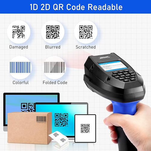 1D 2D Barcode Scanner Wireless, JRHC Portable Inventory Scanner & Data Collector Data Terminal PDT Inventory Device with Long Transmission Distance 2.4G Wireless Bar Code Reader with 2" LCD Screen