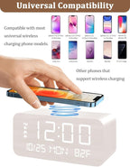 JALL Digital Alarm Clock, with Wooden Electronic LED Time Display, 3 Alarm Settings, Humidity & Temperature Detect, Wood Made Electric Clocks for Bedroom, Bedside, Desk (White-Wireless)