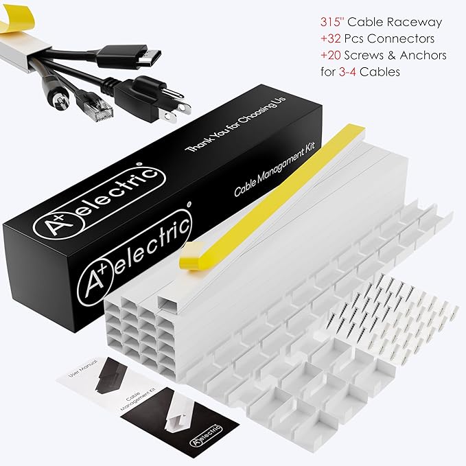 A+ ELECTRIC 315" Cable Hider, Wire Cover, Cables Raceway for Cord Hide, Long, Large, White and paintable Cords Cover Concealer Conduit Channel, TV, Ethernet Molding Electrical Wires Management Kit