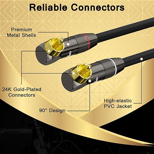 Right Angle RCA Cable 40 FT, 90 Degree 2RCA to 2RCA Stereo Audio Cable, Zinc Alloy Shell, Gold-Plated Plug, 2 RCA Audio Cord, for Home Theater, Subwoofer, HDTV, Amplifier, Hi-Fi System, Car, Speaker
