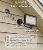 NUWATT 50W LED Flood Light, 3CCT 3000K/4000K/5000K Selectable, IP65 Waterproof Lighting, Adjustable Knuckle Mount, 7050LM, 0-10V Dimmable, 120-277V, Outdoor Security Floodlight for Yard, Bronze, UL