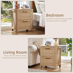Joaxswe Farmhouse Nightstand with Charging Station, End Tables Bedroom with 2 Large Drawers & 4 Thickened Table Legs, Natural Wood