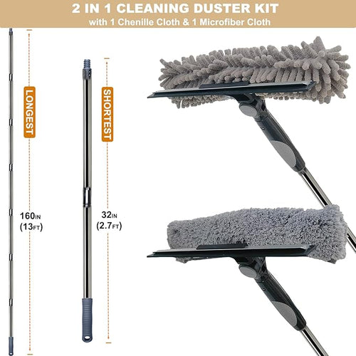 20+ Feet Reach 2 in 1 Window Washing Squeegee & Duster with 3-13 ft Splicable Extension Pole // Window Cleaning Tool & Window Washer Squeegee for Home Indoor Outdoor Window Washing (Grey)