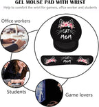 Keyboard Wrist Rest and Mouse Pad Wrist Support Set with Coasters, Non-Slip PU Base Ergonomic Gaming Mousepad for Home Office Working Studying Easy Typing & Pain Relief, Cat Mom Floral
