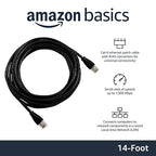 Amazon Basics RJ45 Cat 6 Ethernet Patch Cable, 1Gpbs Transfer Speed, Gold-Plated Connectors, 14 Foot for PC, TV, Tablet, Router, Printer, Black