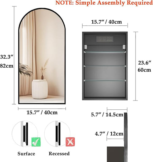 16x 32 inch Bathroom Cabinet with Mirror,Black Arched Medicine Cabinet with Outlets,Vanity Mirror with Storage,Metal Framed Wall Mounted Medicine Cabinet with Adjustable Shelf