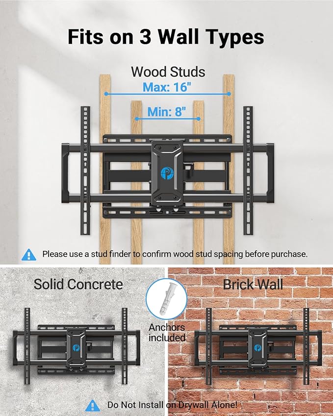 Pipishell Full Motion TV Wall Mount for 42-85 inch Flat Screen LED TV up to 132lbs Swivel Dual Articulating Arms Mount, Tool-Free Tilt Bracket Max VESA 600x400mm, Fits 8” 12” 16" Wood Studs