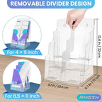 AMGSH 2 Pack 3 Tier Brochure Holder 8.5” x 11” - Acrylic Literature Holder with Removable Divider for 4” x 9” Brochure, Clear Flyer Holder Pamphlet Display Stand