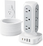 Flat Plug Power Strip Tower 15FT, 40W Total Fast Charging Station, Dual PD 20W USB-C Surge Protector with 12 AC Outlets and 8 USB Ports (4 USB C), Long Extension Cord for Home Office Dorm Room