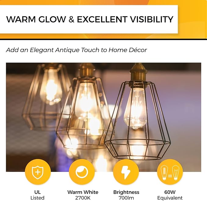 Hizashi Vintage Edison Bulb Dimmable, 6W Equivalent 60W, E26 Base LED Light Bulb, 2700k Warm White, 700LM, High CRI 95+ Eye Protection, Clear Glass, Pack of 24
