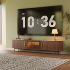 POVISON Fully-Assembled Mid Century Modern Black TV Stand with White Matte Travertine Stone Tabletop & LED Lights, Rolling Door Media Console, Wood TV Console for Living Room