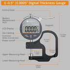 Neoteck Digital Thickness Gauge 0.5inch/12.7mm,0.0005inch/0.01mm LCD Display with Inch/MM Conversion One-Hand Quick Press Thickness Measuring Tool for Leather Paper Fabric Film etc.-Silver-Grey