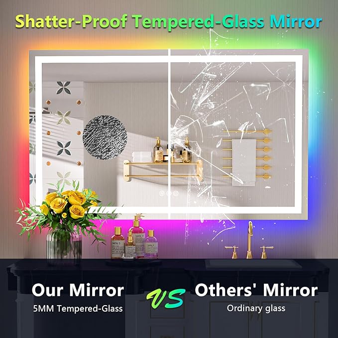 YEELAIT 50x32 Inch RGB LED Bathroom Mirror Front Light and RGB Backlit Lighted Vanity Mirror for Bathroom Wall Mounted Dimmable Anti Fog Memory Shatter-Proof IP54 Waterproof Horizontal/Vertical