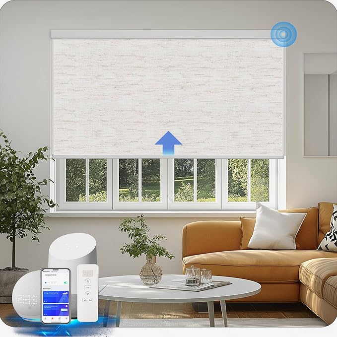 COOLWINDS Motorized Blinds with Remote Cordless Automatic Motorized Shades Custom Blinds for Windows Smart Curtains Compatible with Alexa Google Home(Blackout Linen Sandy Beach,W48 x H72in)