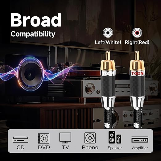 TODN RCA Cables Audiophile Male to Male Stereo Shielded HiFi OFC RCA Cable for Car Audio, Sub, Amp, Phono (3ft/1m, 1 Pair)