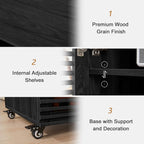 LEVNARY 5-Tier AV Media Cabinet with Grille Door, Modern Wooden Stereo Rack with Adjustable Shelves & Wheels, Audio Video Cabinet for Living Gaming Room Recording Studio (Black)