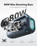 Soundcore Boom 2 by Anker, Outdoor Speaker, 80W, Subwoofer, BassUp 2.0, 24H Playtime, IPX7 Waterproof, Floatable, RGB Lights, USB-C, Custom EQ, Bluetooth 5.3, Portable for Camping and Beach - Blue