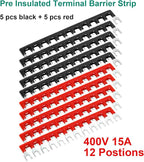 MILAPEAK Terminal Block and Strip - 5pcs 12 Positions 600V 15A Dual Row Screw Terminal Blocks with Cover + 10pcs 400V 15A 12 Positions Pre-Insulated Terminal Barrier Jumper Strips Black & Red