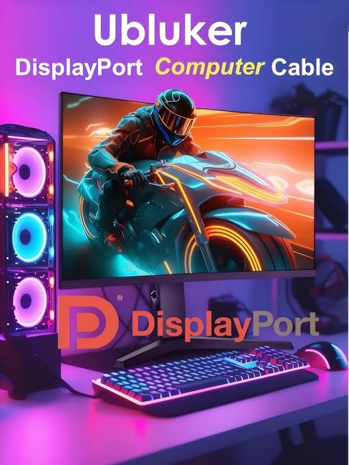 Ubluker 10K 8K DisplayPort 2.1 Cable 54Gbps 25 FT, Certified DP to DP Cord 4K 240Hz 165Hz 144Hz 120Hz 10K 8K 120Hz Nylon Braided UHBR HDCP2.3 FreeSync G-Sync RTX5090 Gaming Monitor PC Projector