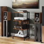 X-cosrack 16.5" Small 4-Tier AV Media Stand with Power Strips,Narrow Version Wooden Corner Shelf Stereo Cabinet Audio Rack Stand Tower for Small DVD Players Game Console TV Box Cable Box WiFi Router