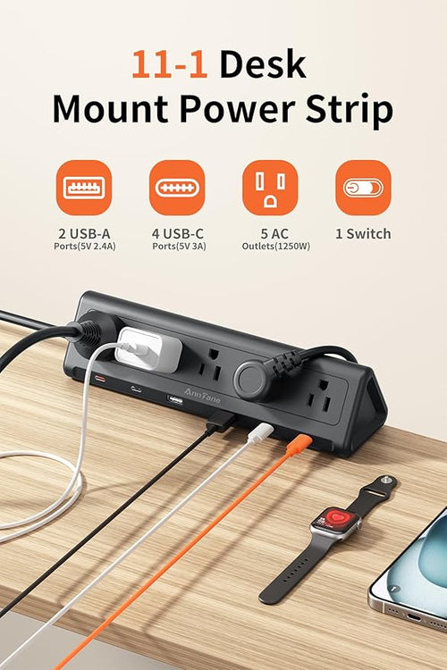 6.5 FT Desk Clamp Power Strip with 5 AC Outlets & 6 USB Ports PD 40W USB-C Fast Charging, 1250J Surge Protector, Fits 2.1 in top Edge Black