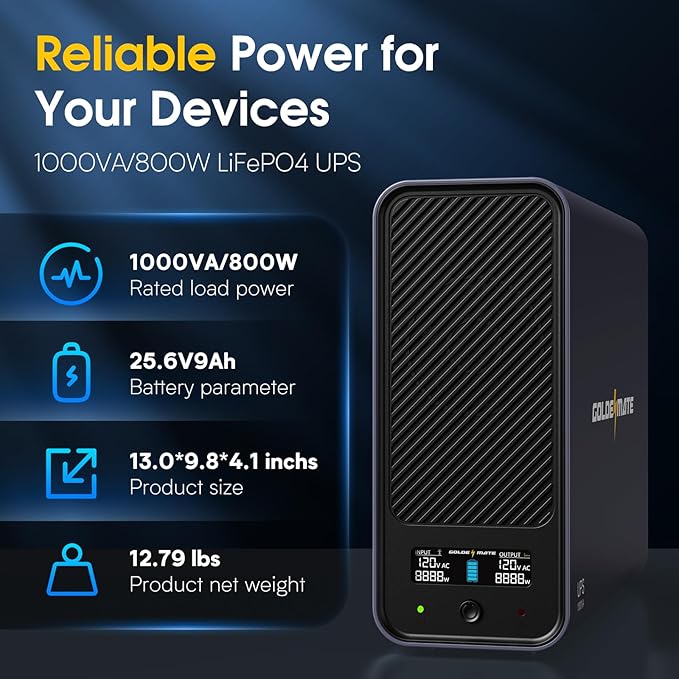 GOLDENMATE 1000VA/800W Lithium UPS Battery Backup and Surge Protector, Sinewave UPS System with LiFePO4 Battery(230Wh), Updated Pro Ver. with USB Communication Port, 8 Outlets, LCD Display, Gray