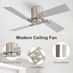 WINGBO 48 Inch Flush Mount Ceiling Fan without Light - 4 Plywood Blades, 6-Speed Reversible DC Motor, Noiseless Low Profile Ceiling Fan No Light for Bedroom Living Room, Nickel and Silver/Gray