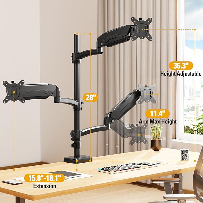 DreamAxis Triple Monitor Mount up to 32" Computer Screen, up to 19.8lbs Each, Adjustable 3 Monitor Stand with Clamp & Grommet Kit, Gas Spring Arm with Tilt Swivel Rotate, VESA Mount 75x75/100x100mm