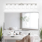 Guliaofo 8-Light Vanity Lights, Brushed Nickel Bathroom Light Fixture with Striped Textured Milky White Glass Shade, E26 Modern Vanity Lighting Fixture for Bathroom Wall Sconce Light Over Mirror