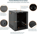 Tecmojo 12U Wall Mount Rack with Thermostat, 17.7inch Depth Enclosed Server Cabinet with 2 Cooling Fans,Lockable Door & Hardware,12U Rack for 19inch Equipments,Glass Door