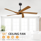 WINGBO 54" ABS DC Ceiling Fan No Light, 5 Blade Wood Grain ABS Ceiling Fan with Remote, 6-Speed Reversible DC Motor, Ceiling Fans without Light for Kitchen Bedroom Living Room, Matte Black and Walnut