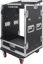 Sound Town 16U PA DJ Pro Audio Rack/Road ATA Case with 2U Drawer, 11U Slant Mixer Top, Two DJ Work Tables, Casters, Pro Tour Grade (MR-DR16UT2)