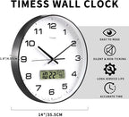 TIMESS Wall Clock, 14" Large Dial Non-Ticking Silent Battery Operated Analog with LCD Display for Perpetual Calendar and F° Temperature, Ideal Modern Home, Bedroom, Office Decor (Black)