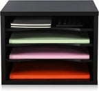 FITUEYES Wood Desk Paper Organizer with 4 Tiers Storage, Desktop File Holder, Document Letter Sorter Tray with Adjustable Shelves, Home Office Wooden Mail Rack, Black