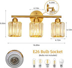 FDPBY Modern 3 Light Crystal Vanity Light, Brushed Gold Vertical Bathroom Light Fixture Over Mirror for Dressing Table Sink, Compatible with Dimmable Bulbs (Bulbs Not Included)