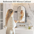 Arched Medicine Cabinet with Mirror,Bathroom Medicine Cabinet Wall Mounted,Bathroom Vanity Mirror with Storage 2 Power Outlets,Mirrored Cabinet with Adjustable Shelf, 20X34 Inch Black