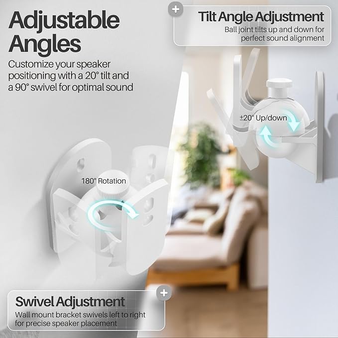 TNP Universal Satellite Speaker Wall Mount Bracket Ceiling Mount Clamp with Adjustable Swivel and Tilt Angle Rotation for Home Theater Surround Sound System Satellite Speakers - 4 Pack, White