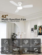 Homlit 42 inch Smart Ceiling Fan with Light, Low Profile Flush Mount with Remote Control, Ultra-Quiet Reversible DC Motor, 3 Color Temperatures & 6 Speed Dimmable Lighting for Bedroom, White