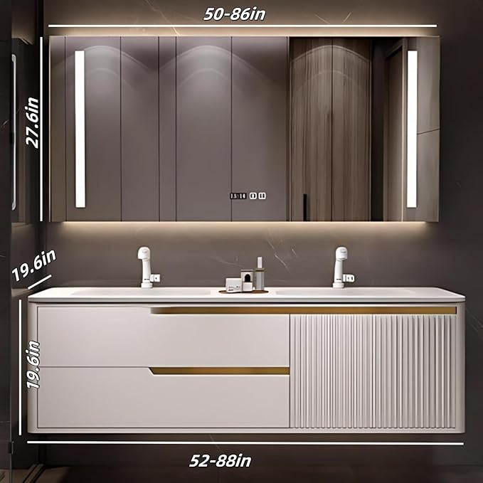 Bathroom Vanity with Double Sink - Smart Defogging Mirror & LED Lights on Both Sides, Floating Bath Sink Cabinet | 2 Drawers, Wave Shaped Panel (White, 64IN)
