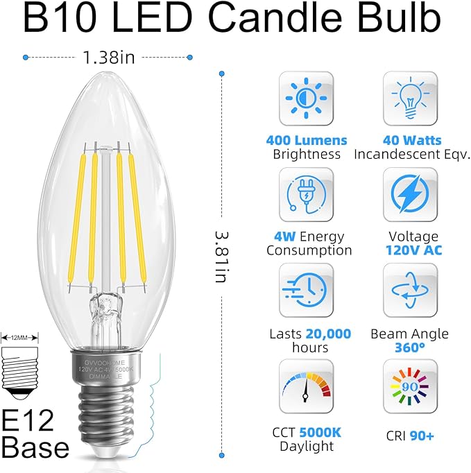 GvvooHome Candelabra Light Bulbs 40 watt Equivalent, E12 LED Bulb Dimmable Chandelier Bulb, 5000K Daylight B10 Candle Light Bulb, 90+CRI, 400LM, Cear Glass, 6 Pack