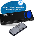 OREI 8K eARC HDMI 2.1 Switch 4x1, Switcher with Audio Extractor UltraHD Supports Upto 4K @ 120Hz PS5, Xbox, Gaming, Remote Contorl IR EDID HDCP 2.3 - Optical Out, L/R Headphones (BK-401ARC)