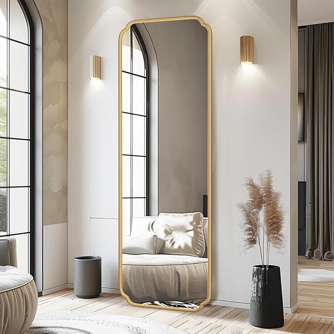 Gold Full Length Mirror with Standing, 65"x22" Rounded Corner Wall Mounted Floor Mirror Leaning Against Wall Dressing Room