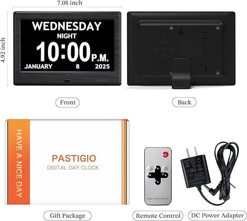 7'' Digital Clocks, 12 Reminders & 6 Alarms, Dementia Clock with Date and Time for Elderly, Auto-Dimming, Button & Remote Control, Auto DST, Digital Calendar for Seniors Large Display, Black Woodgrain