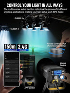 Video Light, COLBOR CL220R RGB 250W Max Continuous Lighting 2700-6500K CRI97+ 31,400Lux@3.3ft COB Studio Light with Bowens Mount APP 13 Light Effects for Film Live, Video-Light-Studio-LED-Photography